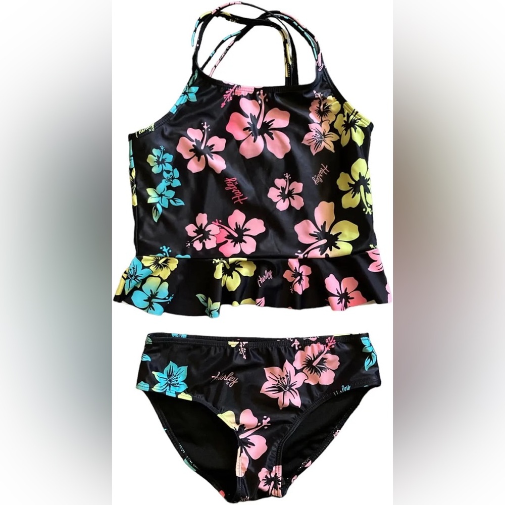 Hurley Girl's 2 Piece Criss Cross Elastic Shoulder Straps Upf50+ Tankini Set 7/8